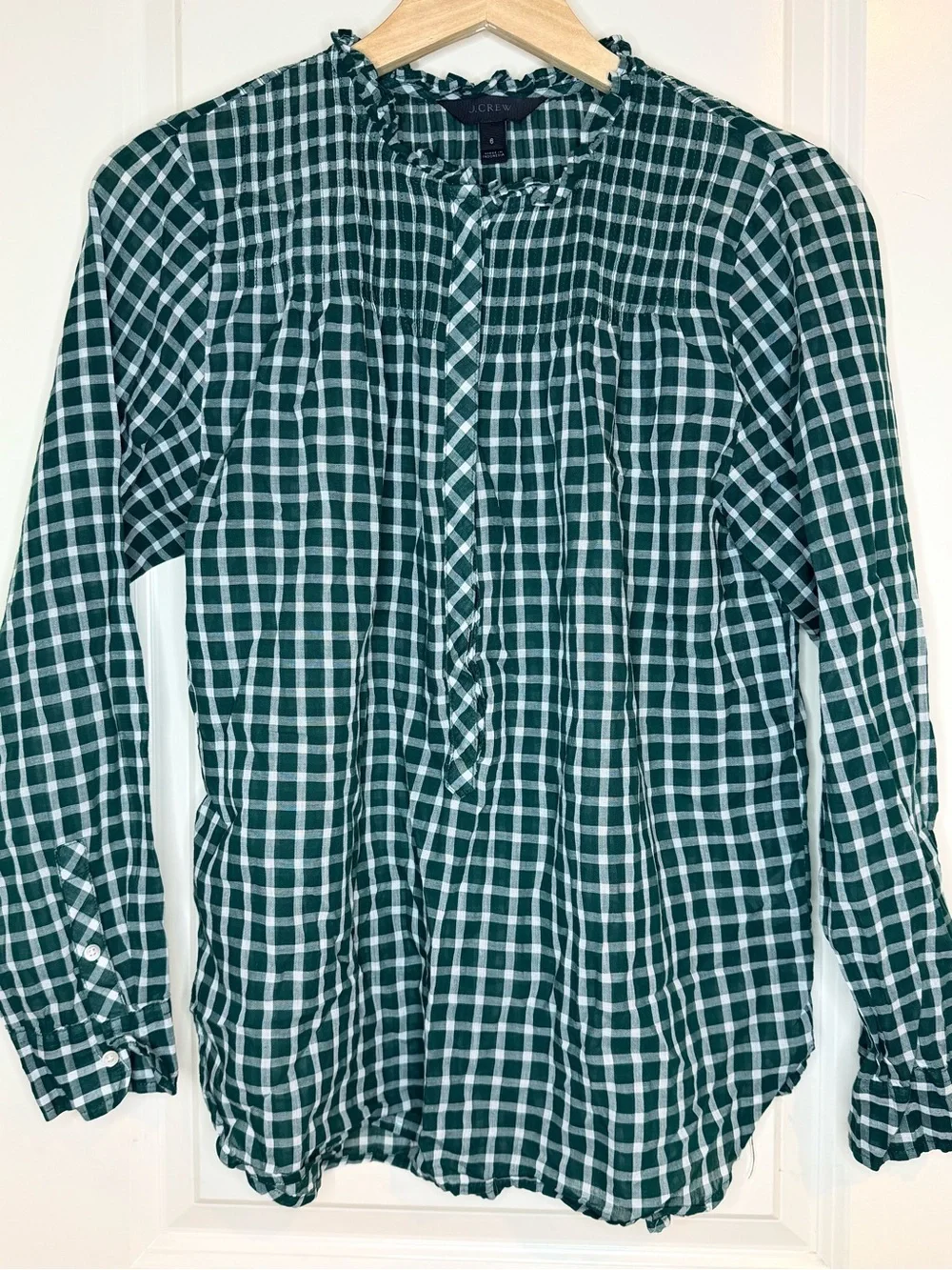 🍀 J.Crew Green Gingham Ruffle Neck Popover Blouse Size 6
